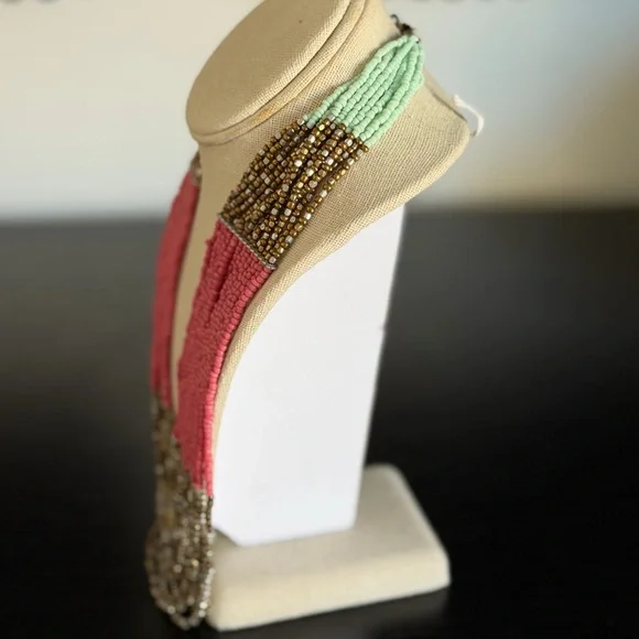 Multi-Strand Blue, Pink and Gold Beaded Statement Necklace - Picture 4 of 7